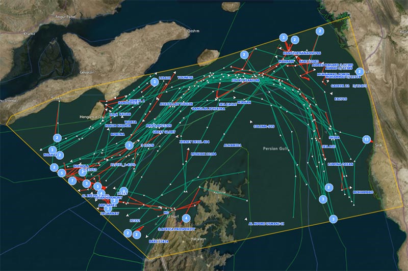 Vessel traffic observed between June 21 and June 22, including Iranian-flagged vessels.